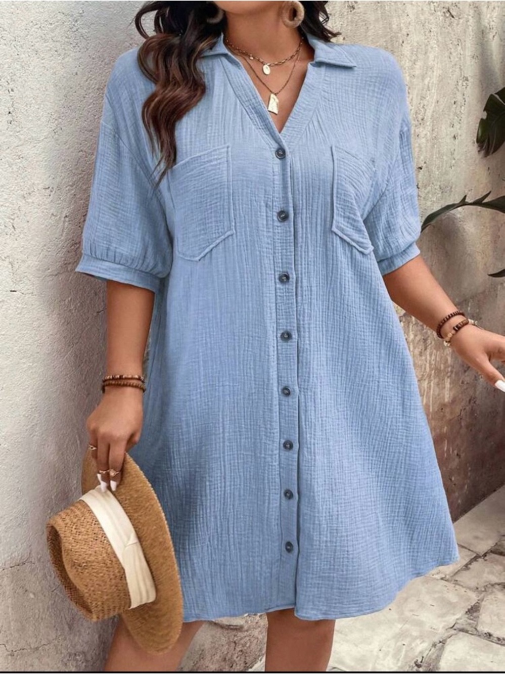 Light Blue Button-Up Gauze Shirt Dress